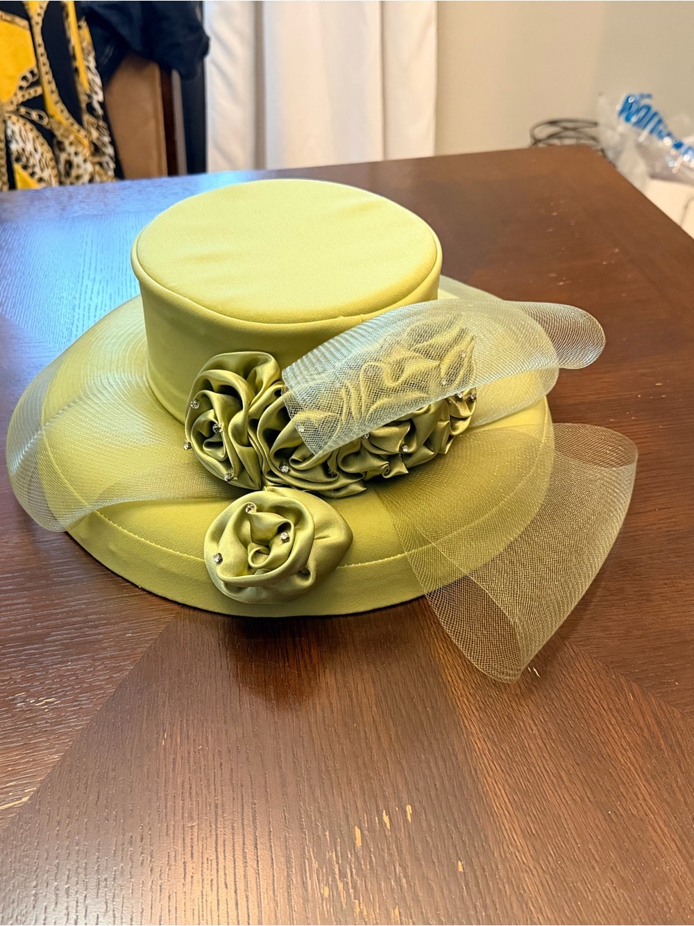 Olive Green Women's Dress Hat with Rosette and Veil Detail